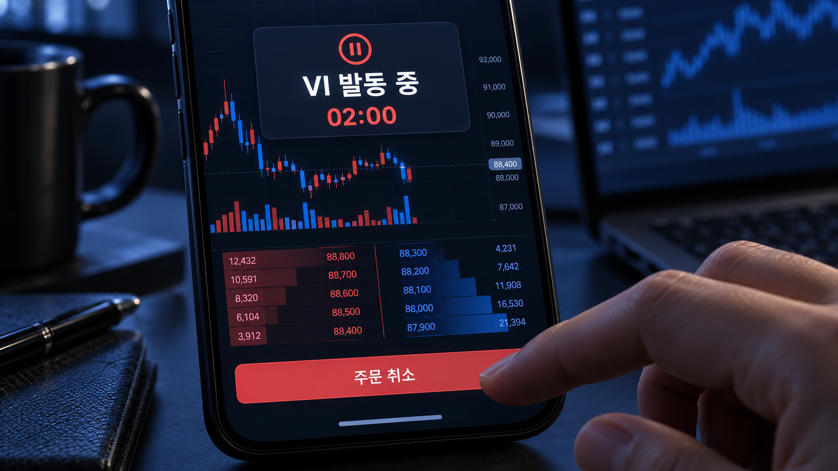 VI 발동 중 매수 매도 주문과 예상체결가 확인 화면