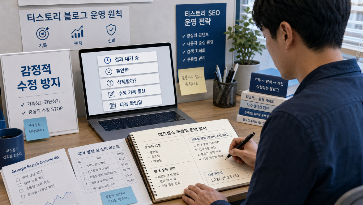 티스토리 블로거가 애드센스 재심사 결과를 기다리며 불안한 감정을 운영 일지와 다음 확인일 기록으로 정리하는 이미지