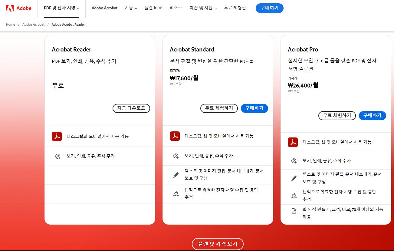 24년 6월 3일 현재 기준 Acrobat 구독료