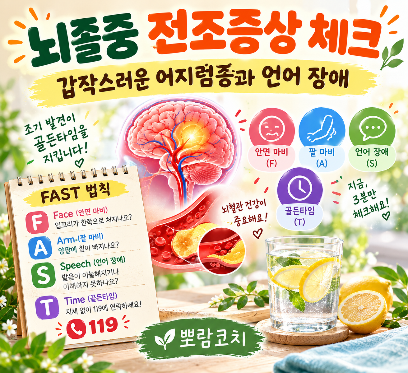 뇌졸중 FAST 전조증상 체크리스트가 정갈하고 명확하게 안내된 이미지