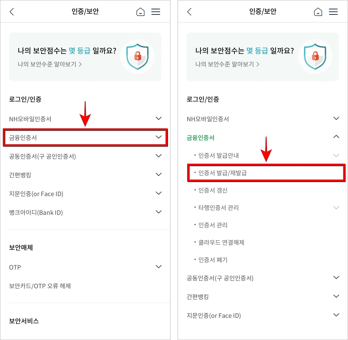 인증/보안의 '금융인증서'를 선택하고, 세부 메뉴의 '인증서 발급/재발급'을 선택