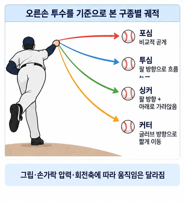 오른손 투수 기준 포심 투심 싱커 커터가 각각 어떻게 움직이는지 공의 궤적으로 보여주는 이미지