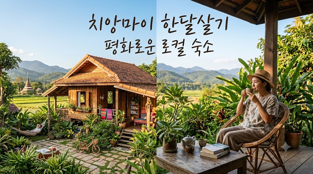 치앙마이의 푸른 자연과 전통적인 느낌이 어우러진 아늑한 콘도 테라스 전경