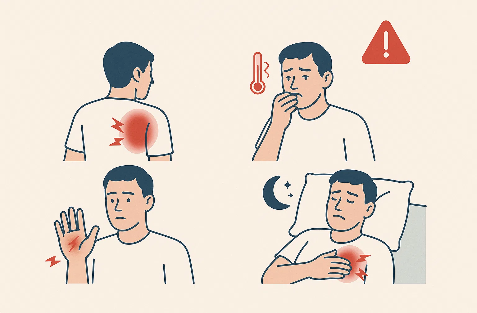 오른쪽 등+가슴 통증, 발열·식욕 부진·메스꺼움, 손 저림·마비, 밤에도 지속되는 통증