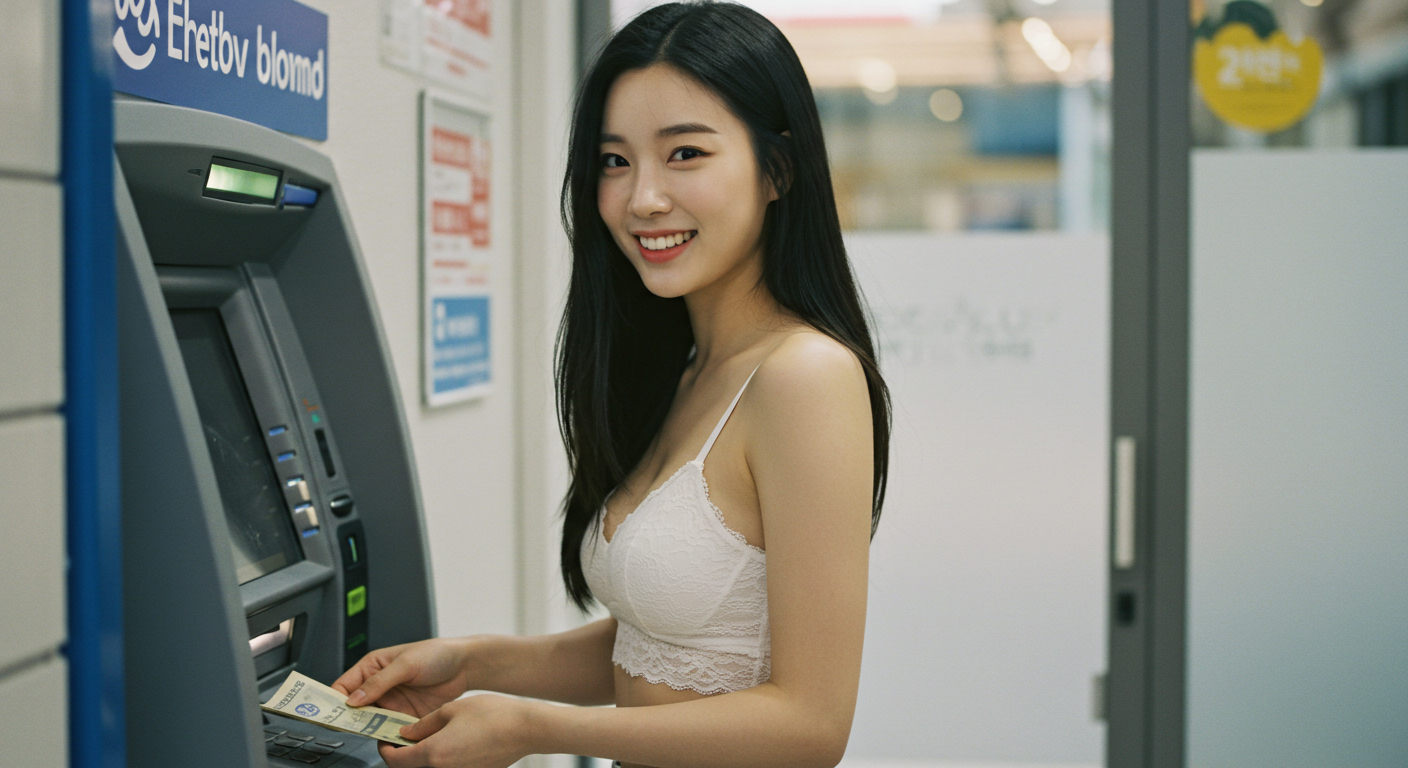 현금인출을 하는 한국여성.