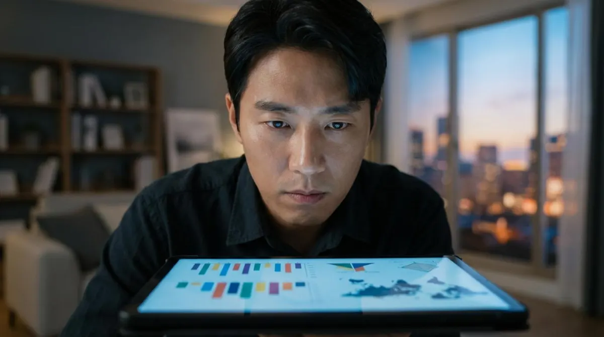 2026년 공동주택 공시가격 자료와 실거래가 추이를 스마트폰으로 진지하게 분석하며 이의신청 논리를 정리하고 있는 한국인 남성의 모습