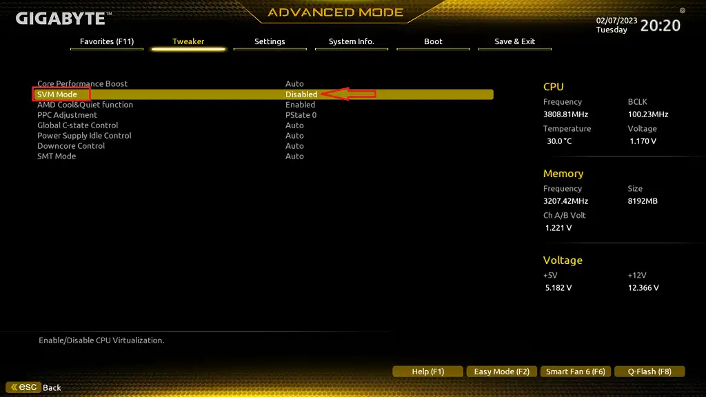 기가바이트 A520m k BIOS 가상화 설정 방법