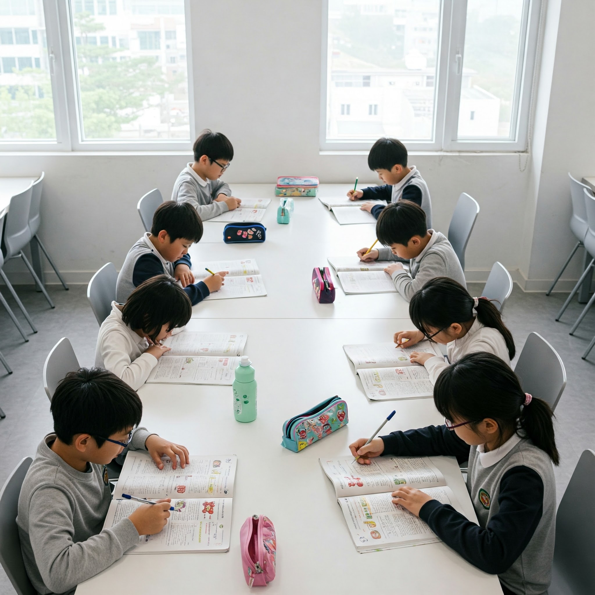 학교 도서관에서 자기주도학습 중인 초등학생들