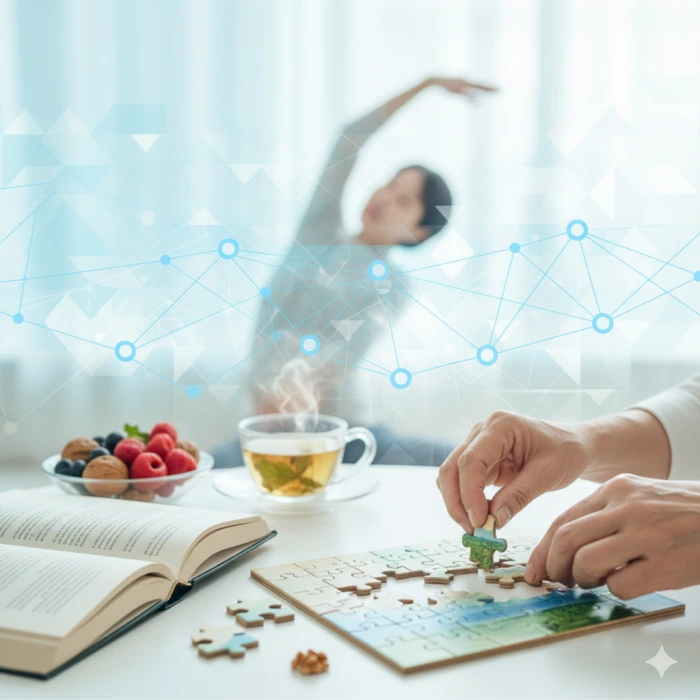 퍼즐, 책, 또는 건강한 식단 등 뇌 건강에 좋은 활동과 습관을 나타내는 요소들이 어우러져 치매 예방을 강조하는 이미지.