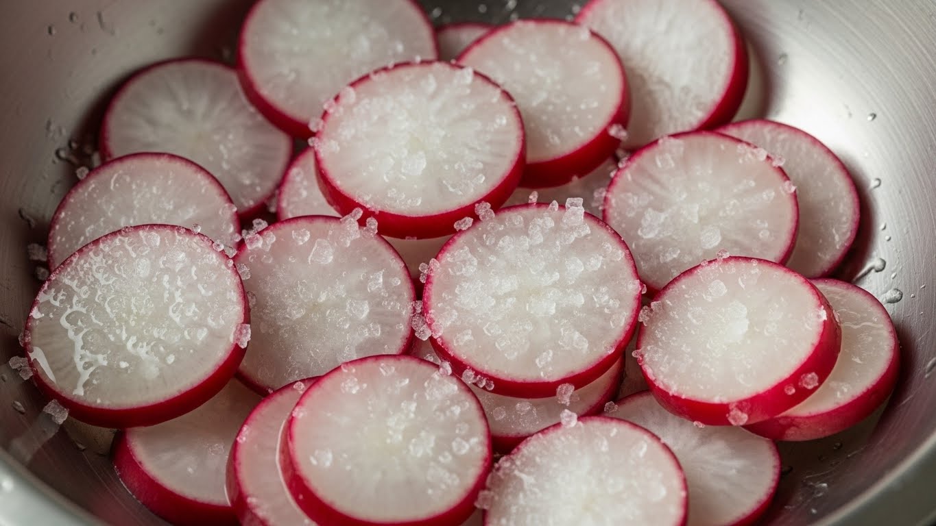 스테인리스-스틸-그릇에-무-조각을-소금에-절인-후-표면에-수분이-서서히-생기고 -있습니다.