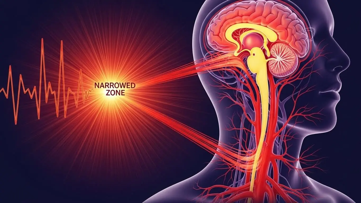 뇌의 시상하부에서 급격하게 확장된 혈관이 얼굴로 퍼져나가는 안면홍조의 생리학적 메커니즘을 보여주는 추상적인 일러스트.