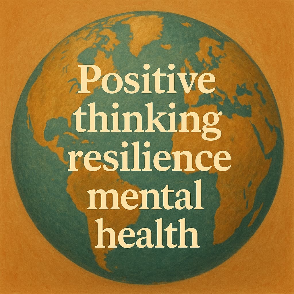 지구를 배경으로 "Positive thinking, resilience, mental health"라는 문구가 중앙에 적혀 있는 일러스트. 따뜻한 갈색과 청록색 톤이 조화를 이루며, 세계적인 위기 속 마음의 회복력과 긍정적인 사고를 강조함.
