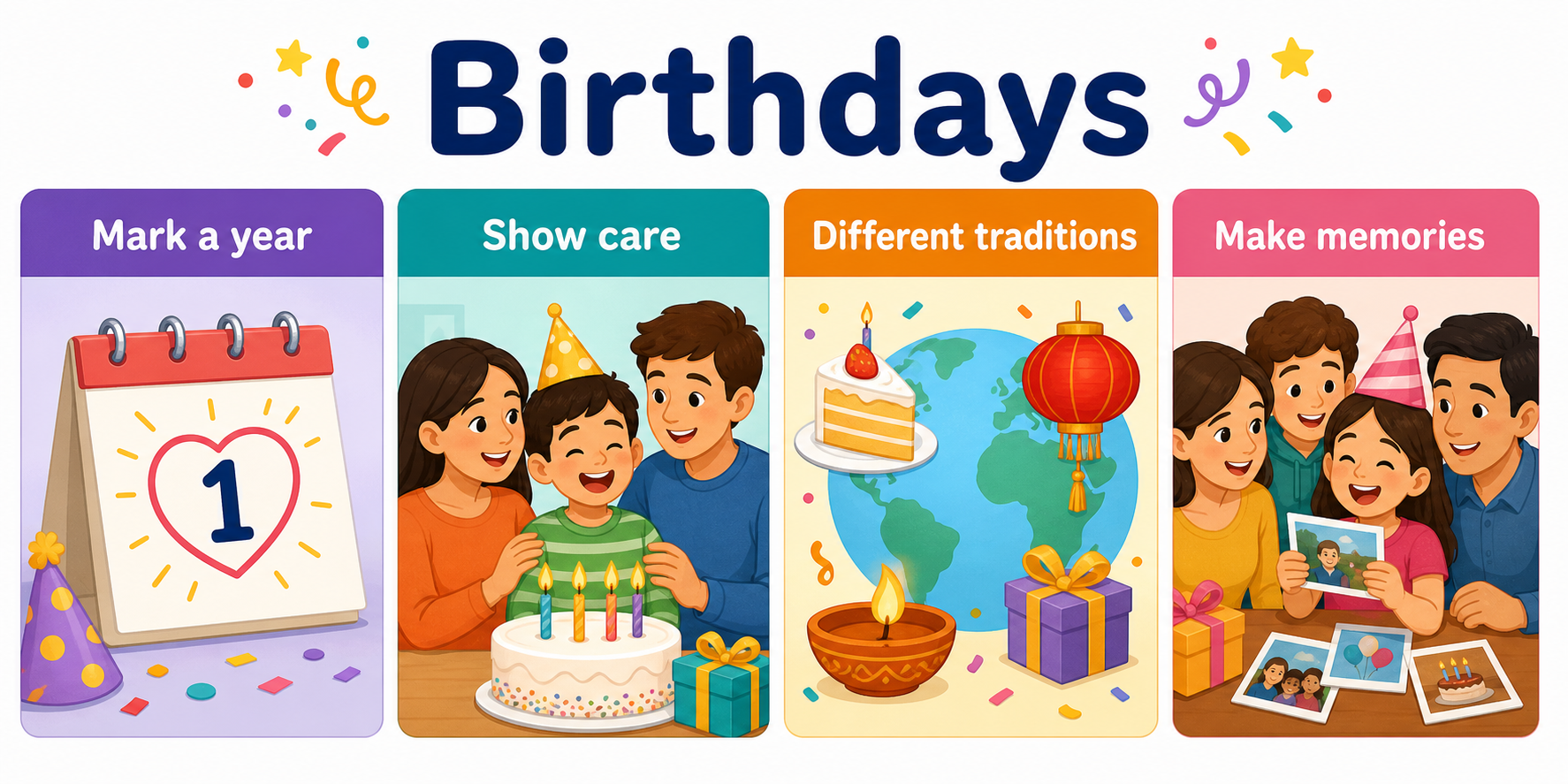 Infographic explaining birthday, celebration, tradition, gifts, and memories