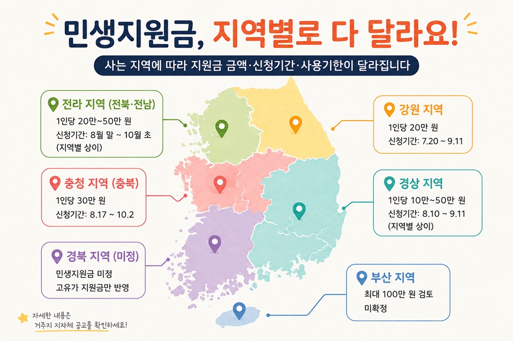2026 지역별 민생지원금 지원 금액과 신청기간을 한눈에 정리한 인포그래픽으로 전라·강원·충청·경상·부산 지역별 지원 내용과 신청 일정을 비교한 이미지