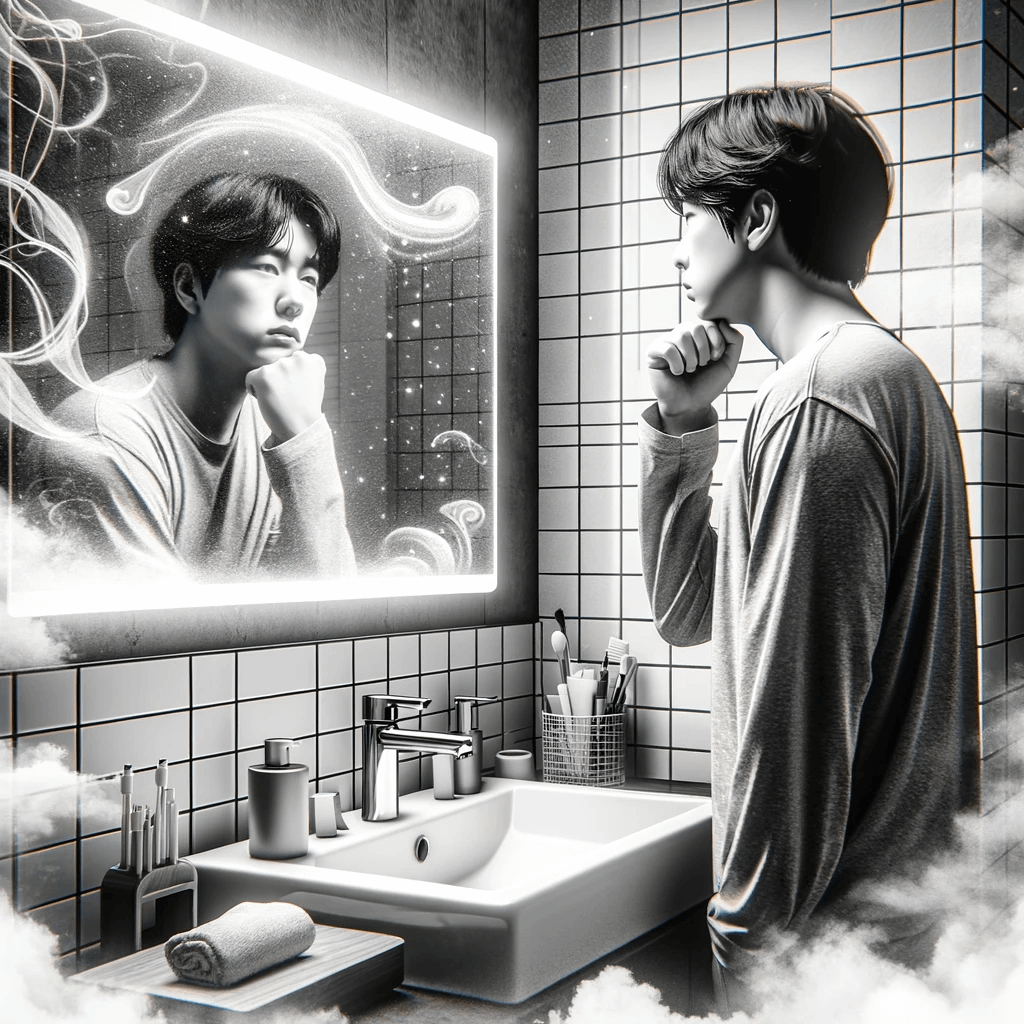 세면대에서 나를 거울로 보고있다