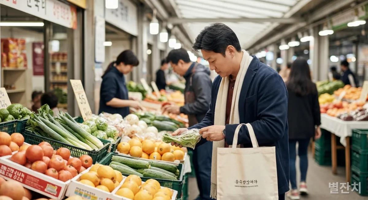 지역 농산물 시장에서 유기농 채소를 고르는 한국인