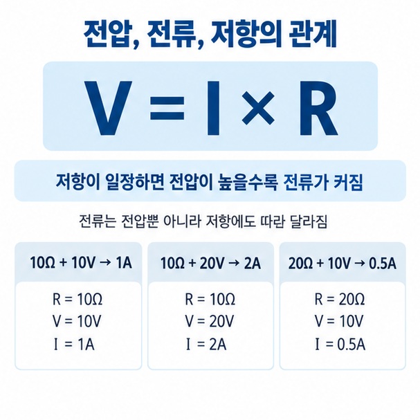 옴의 법칙을 이용해 전압, 전류, 저항의 관계와 값이 변할 때 전류가 달라지는 모습을 표현한 이미지