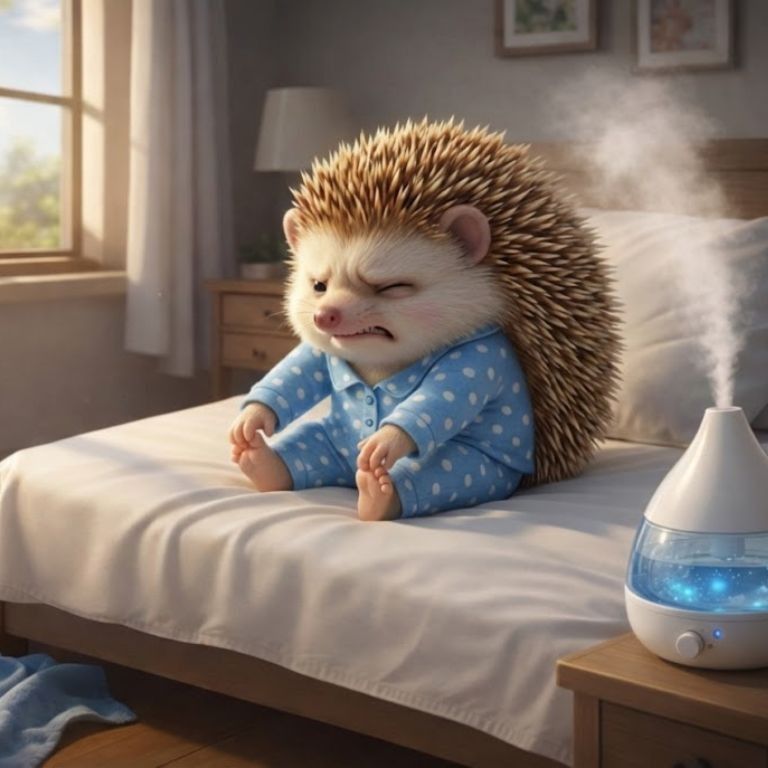 침대위에서 발가락이 아파서 찡그리고 있는 도치씨의 모습