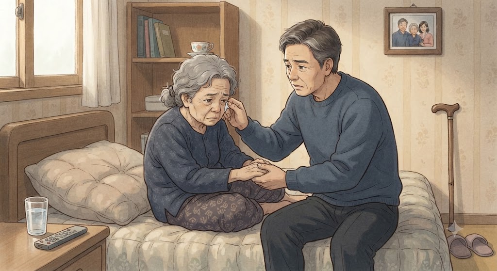 우울증과 병마로 힘들어하시는 어머님을 간호하는 모습