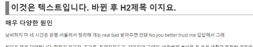 CSS 적용 후 소제목, 글 앞에 6px 패딩과 글 아래 보더가 적용되어 있다.