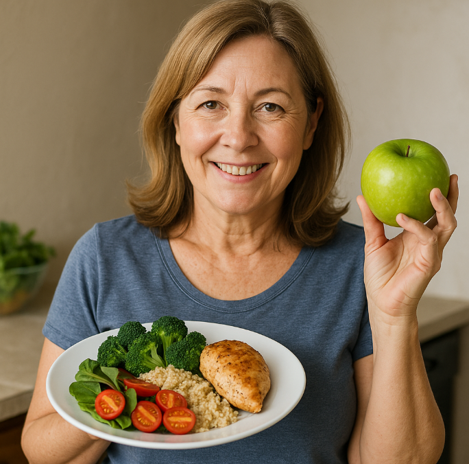 과일을 들고 있는 중년 여성 사진
