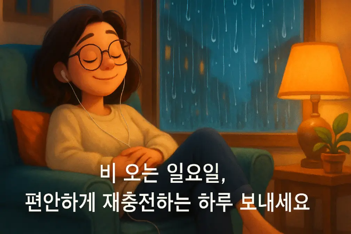 비오는 일요일 문구-집에서 이어폰 끼고 있는 여자