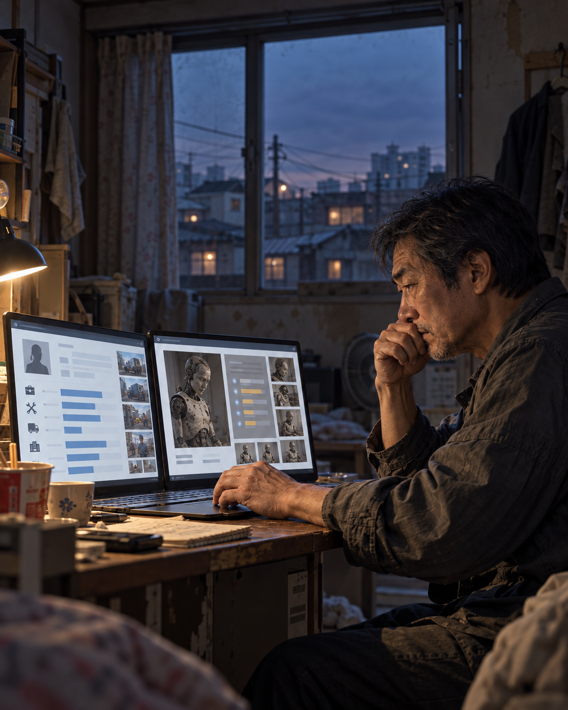 In a modest Korean rental room at dusk, 64-year-old Yoon Jaeho compares his 33-year employment record with an auction listing for a damaged secondhand humanoid, S-62B. Two laptop screens illuminate his weathered face as his hand rests near the auction controls, capturing the contrast between undervalued human experience and valuable machine data in Episode 1 of the Korean film novel Used Senior Humanoid.