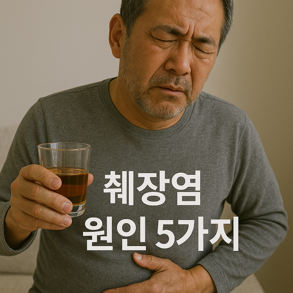 고통스러운 표정을 지으며 술잔을 들고 복부를 누르고 있는 중년 남성, "췌장염 원인 5가지" 텍스트 포함된 정사각형 이미지
