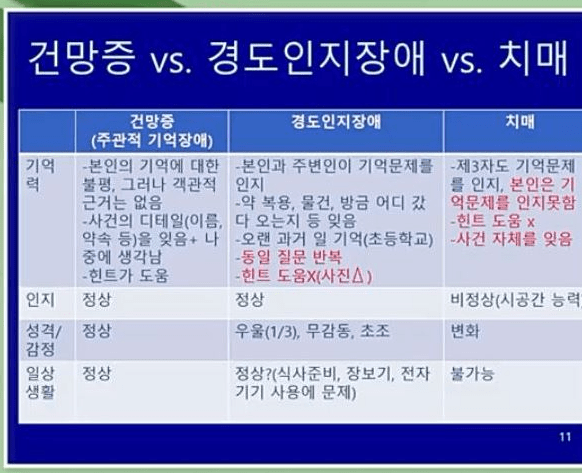 경도 인지 장애 vs 치매 차이점