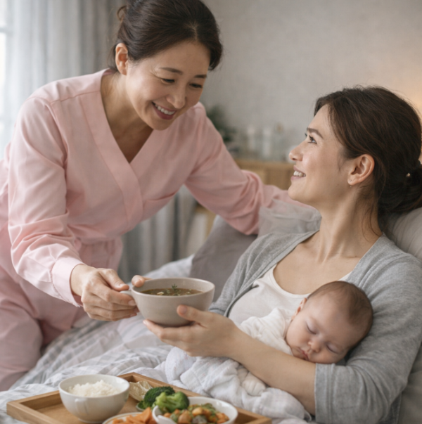 산후관리사가 산모와 소통하며 산후 회복과 육아를 돕는 장면