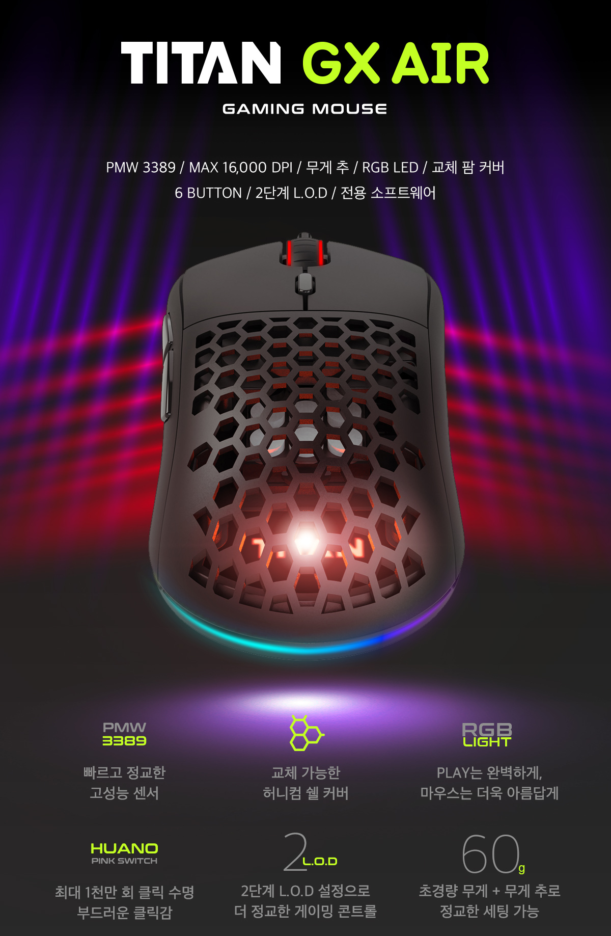 Xenics TITAN GX AIR 퍼포레이티드 경량 마우스/게이밍 마우스