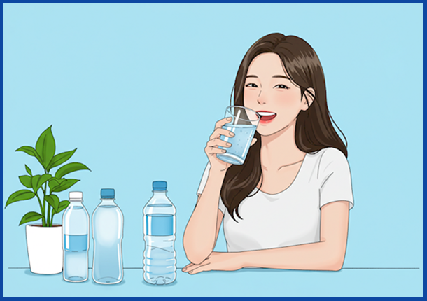 기분 좋게 물을 마시는 한국 여성의 모습과 물병이 함께 있는 상쾌한 일러스트.