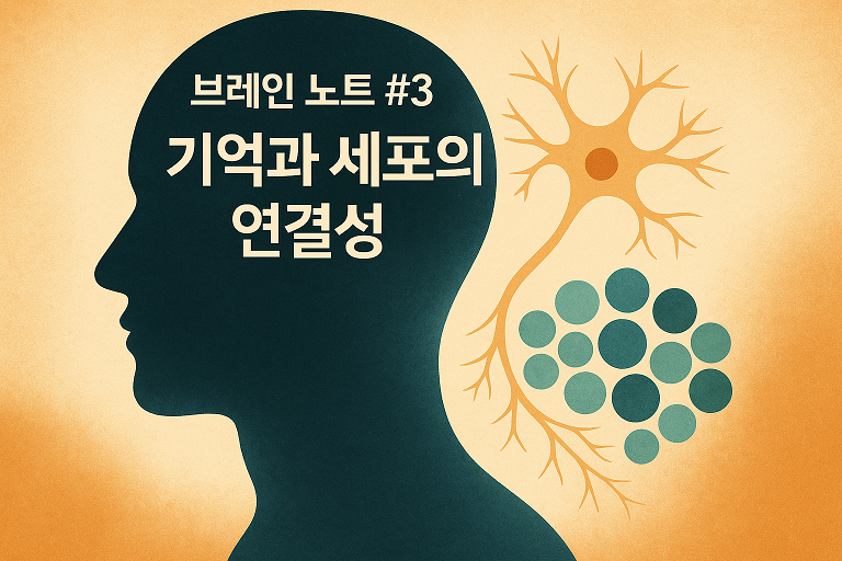 &ldquo;브레인 노트 3 기억과 세포의 연결성. 인간의 뇌 실루엣과 신경세포, 그리고 세포 집단이 연결된 모습을 표현한 과학적 일러스트&rdquo;