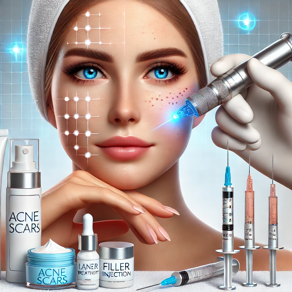 레이저 치료와 필러 주사로 여드름 흉터 치료를 받는 얼굴