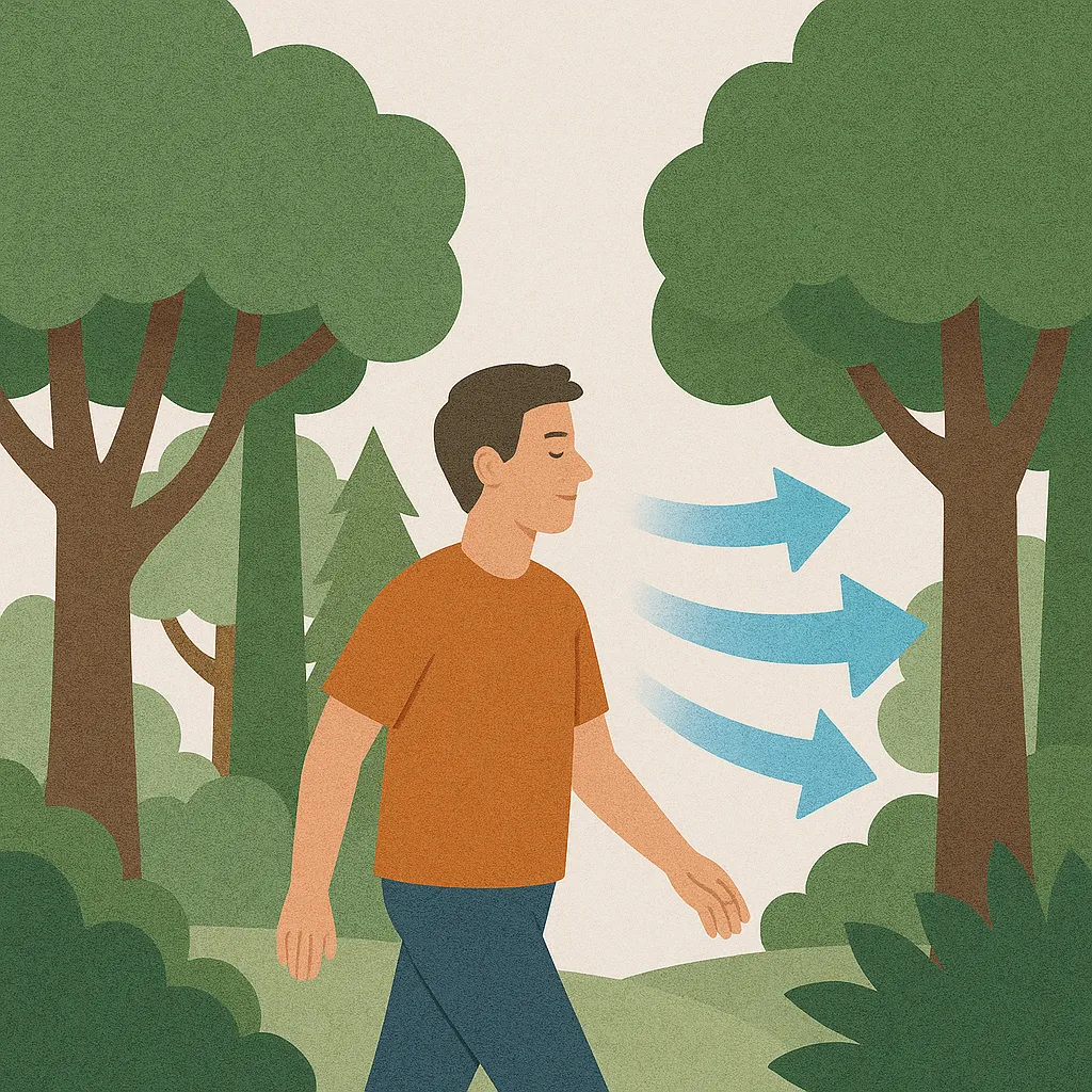 푸른-숲속을-걷는-사람이-나무에서-퍼져-나오는-시원한-공기를-느끼며-휴식을-취하는-모습을-표현한-자연-일러스트