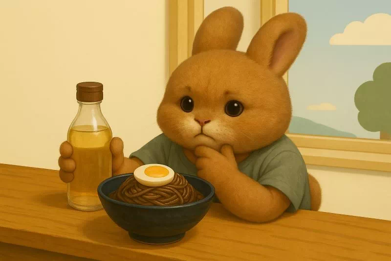 "고민하는 토끼 캐릭터가 식탁 위 냉면 그릇을 보며 식초를 넣을지 말지 깊이 고뇌하고 있다."
