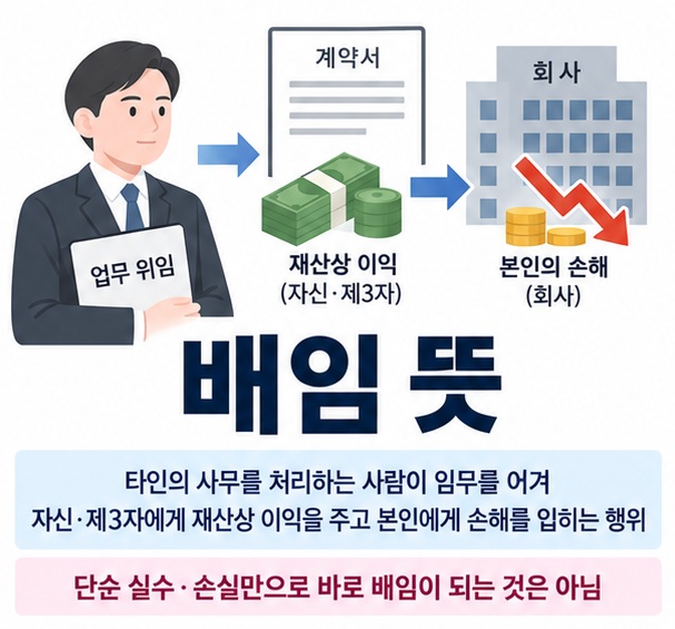 배임 뜻과 타인의 사무 처리 임무 위배 재산상 이익 본인 손해의 구조를 보여주는 법률 교육용 이미지
