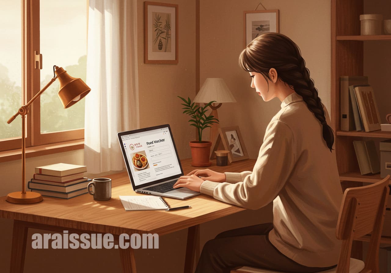 여성이 책상 앞 노트북으로 식품 바우처를 신청하고 있는 장면입니다.
집안 배경의 아늑한 분위기를 담은 일러스트입니다.