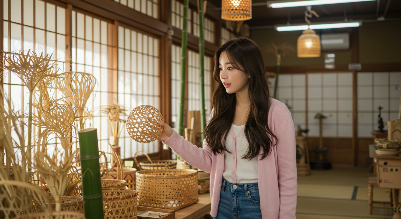 일본의 대나무 공예품 집에서 쇼핑을 하는 사람