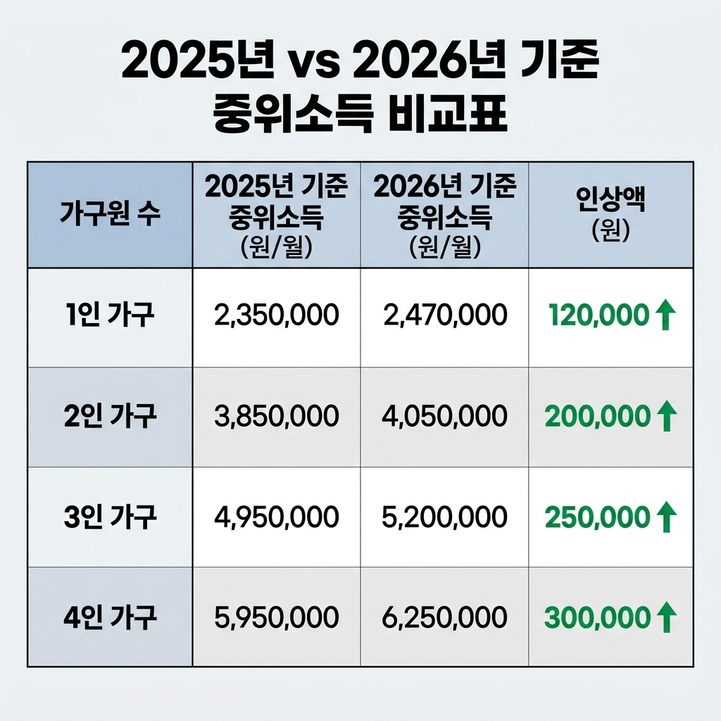 2025 2026 기준 중위소득 가구별 비교표