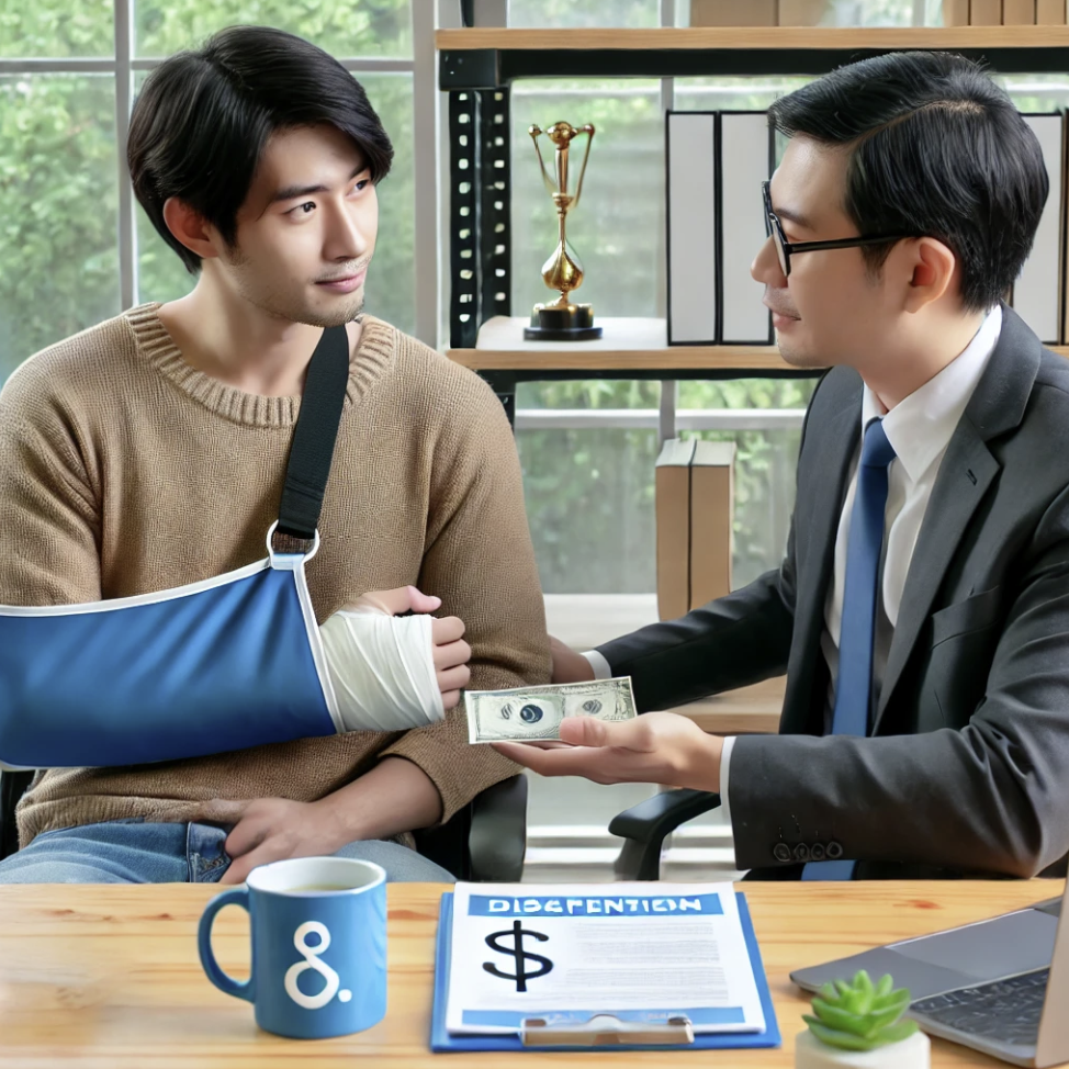 부상당한 근로자가 보상 상담을 받는 모습