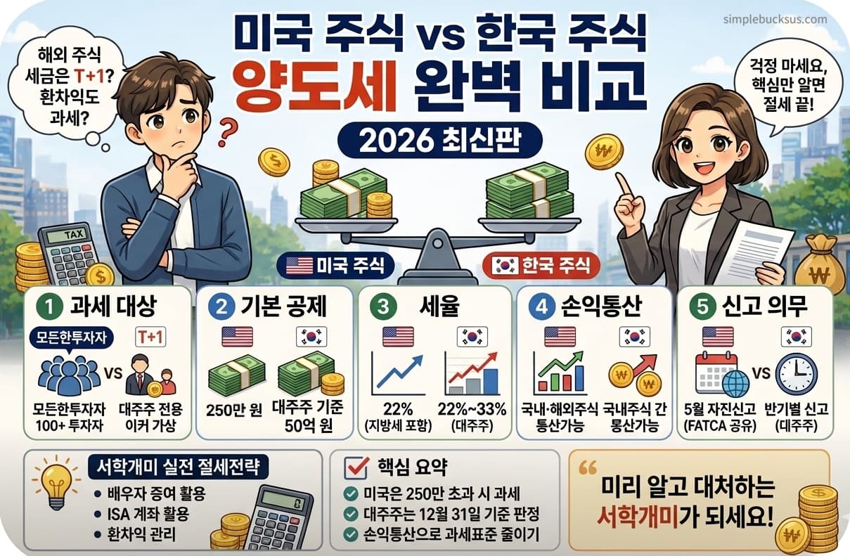 미국 주식 22퍼센트 양도세와 한국 주식 50억 대주주 기준을 비교한 인포그래픽 이미지