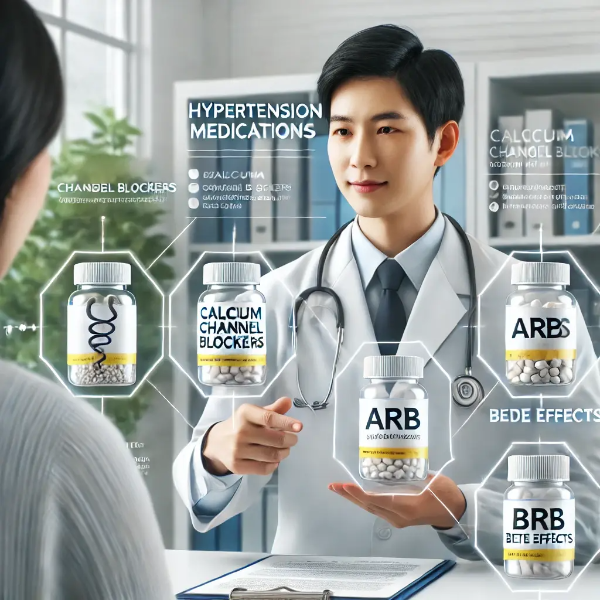 의료진이 고혈압 약의 종류와 복용법, 부작용에 대해 환자에게 설명하는 장면, 한국인 환자와 상담 모습