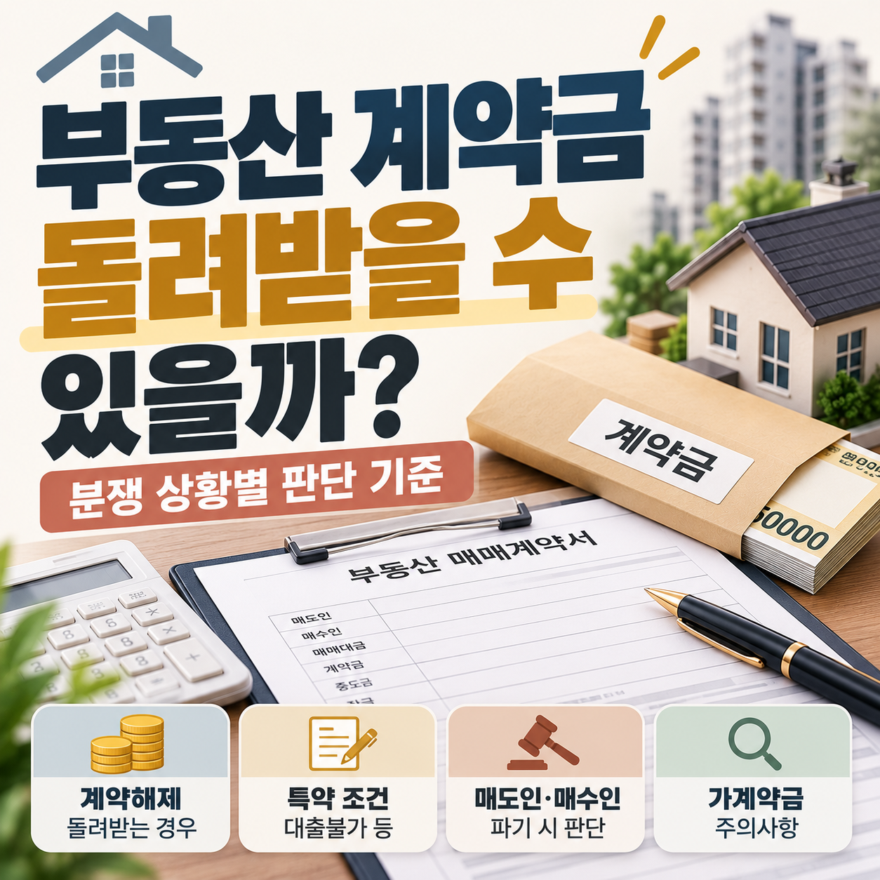 부동산 매매계약서와 계약금 봉투를 앞에 두고 반환 여부를 따져보는 모습