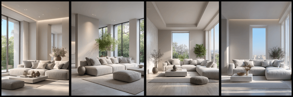 공간 중심 콘텐츠, 밝은 베이지 톤과 부드러운 그레이 가구가 구성된 미니멀 거실 인테리어 이미지_Midjourney