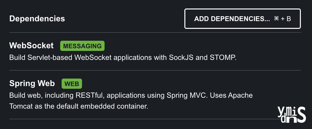 Spring Initializr - 추가한 의존성 두가지 리스트 모습이다.
