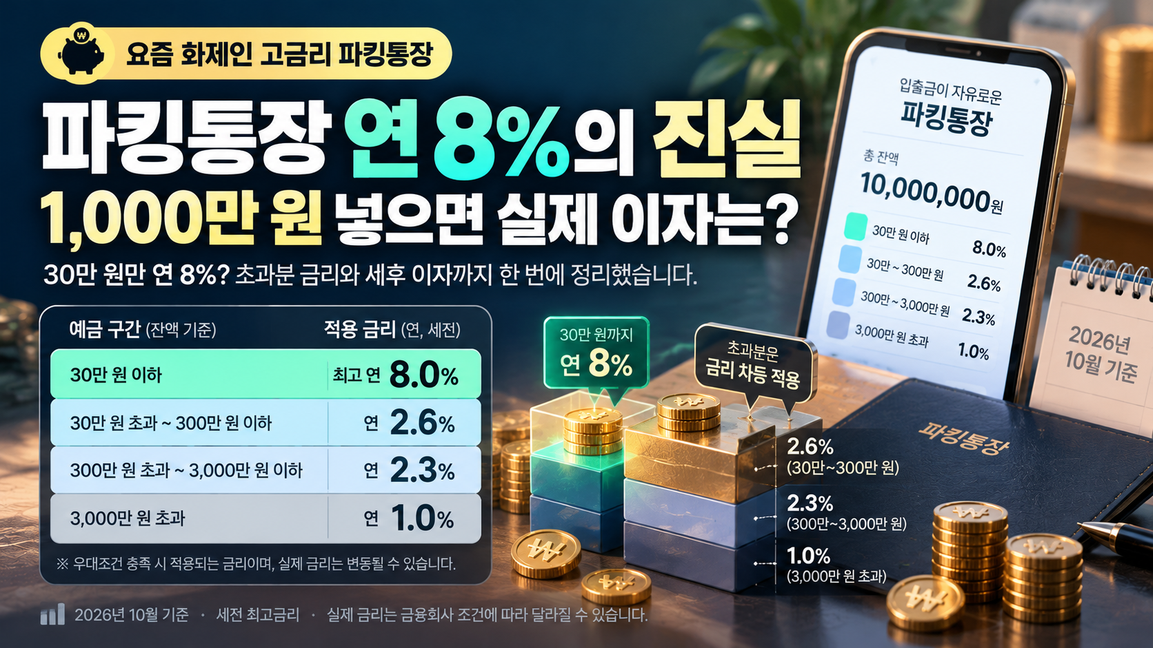 파킹통장 연 8%의 진실｜1,000만 원 넣으면 실제 이자는 얼마? 금리 한도&middot;세후 이자 총정리