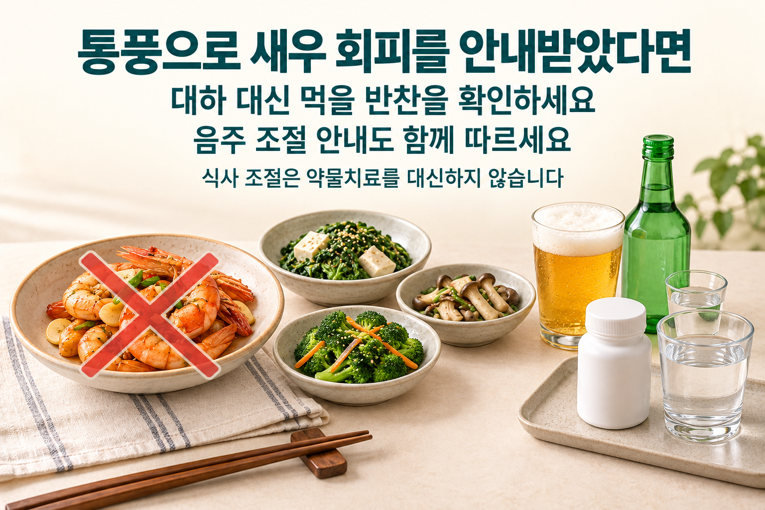 새우 회피를 안내받은 경우의 대체 반찬 확인&middot;음주 조절&middot;약물치료 역할을 구분한 안내