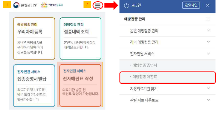 예방접종도우미 접속 모바일 (출처-질병관리청 홈페이지)