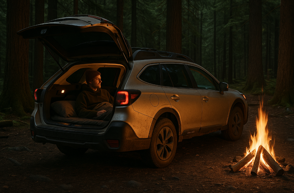 스바루 아웃백에서 혼자서 차박을 하는 사진